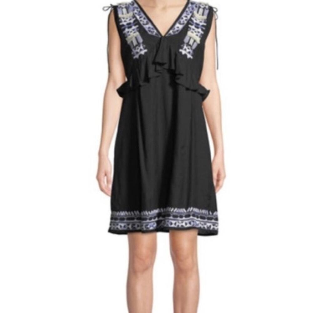 Catherine Malandrino Black Cotton Ruffle Boho Embroidered Babydoll Dress L NWT